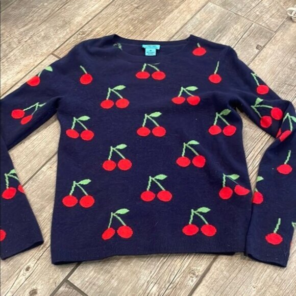 Two Bees Cashmere Crew Neck Sweater with Cherry Print - Picture 1 of 4
